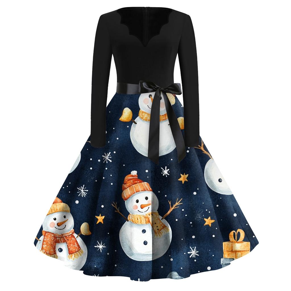 Женские модные повседневные тонкие рождественские платья с длинным рукавом с v-образным вырезом и принтом