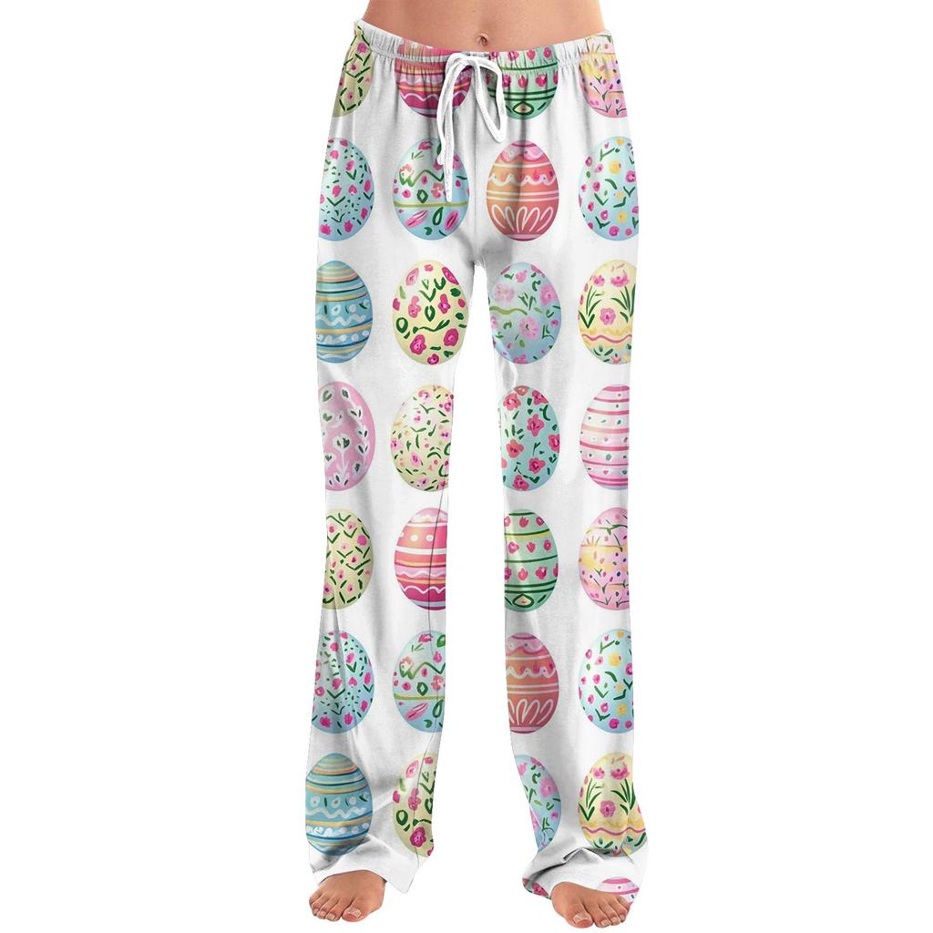 Womens Pajama Pants Sleepwear Casual Drawstring Elastic Waist Pants Comfy Straight Yoga Loose Trousers Easter
