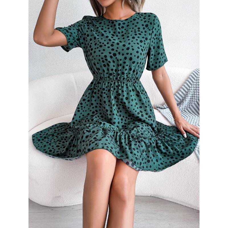 VEZFAA Women's Fashion Summer Spring Polka Dot Print Short Sleeve O-Neck High Waist Casual Dresses