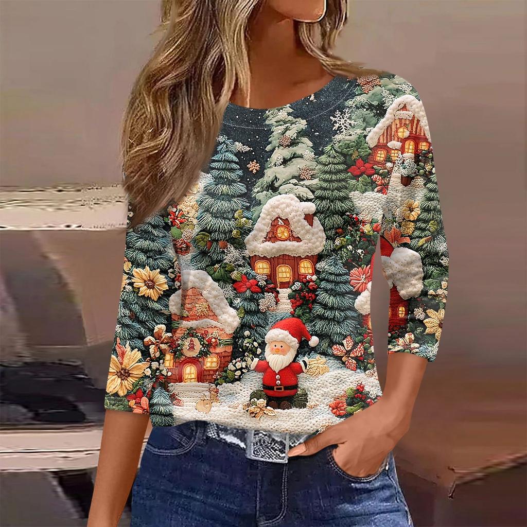 Женская футболка с рождественским принтом, рукав 3/4, повседневная, модная, на выходные, базовая, с круглым вырезом, стандартный топ