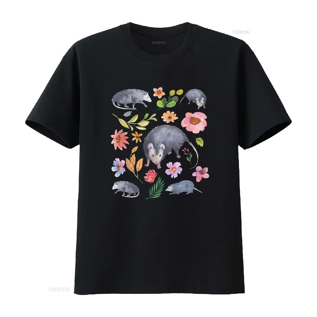 Милая акварельная футболка с цветочным опоссумом Кавайный опоссум для любителя цветов Оверсайз женская Лесной Коттеджкор винтажная Стирка