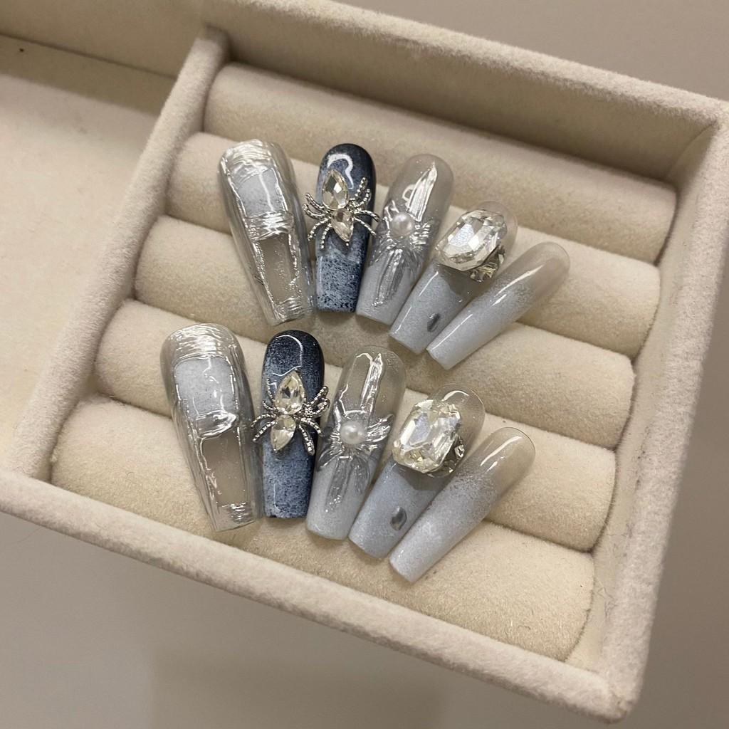 РУЧНАЯ РАБОТА удлиняет форму балерины/удлиняет длинную трапецию Темный стиль 3D металлик серебристый паук синий градиент черствое лето накладные ногти многоразовые