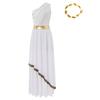 Womens Ancient Greek Dance Dress One Shoulder Chiffon Overlay Vintage Trim Tunic Dress Artificial Leaf Garland Headwear
