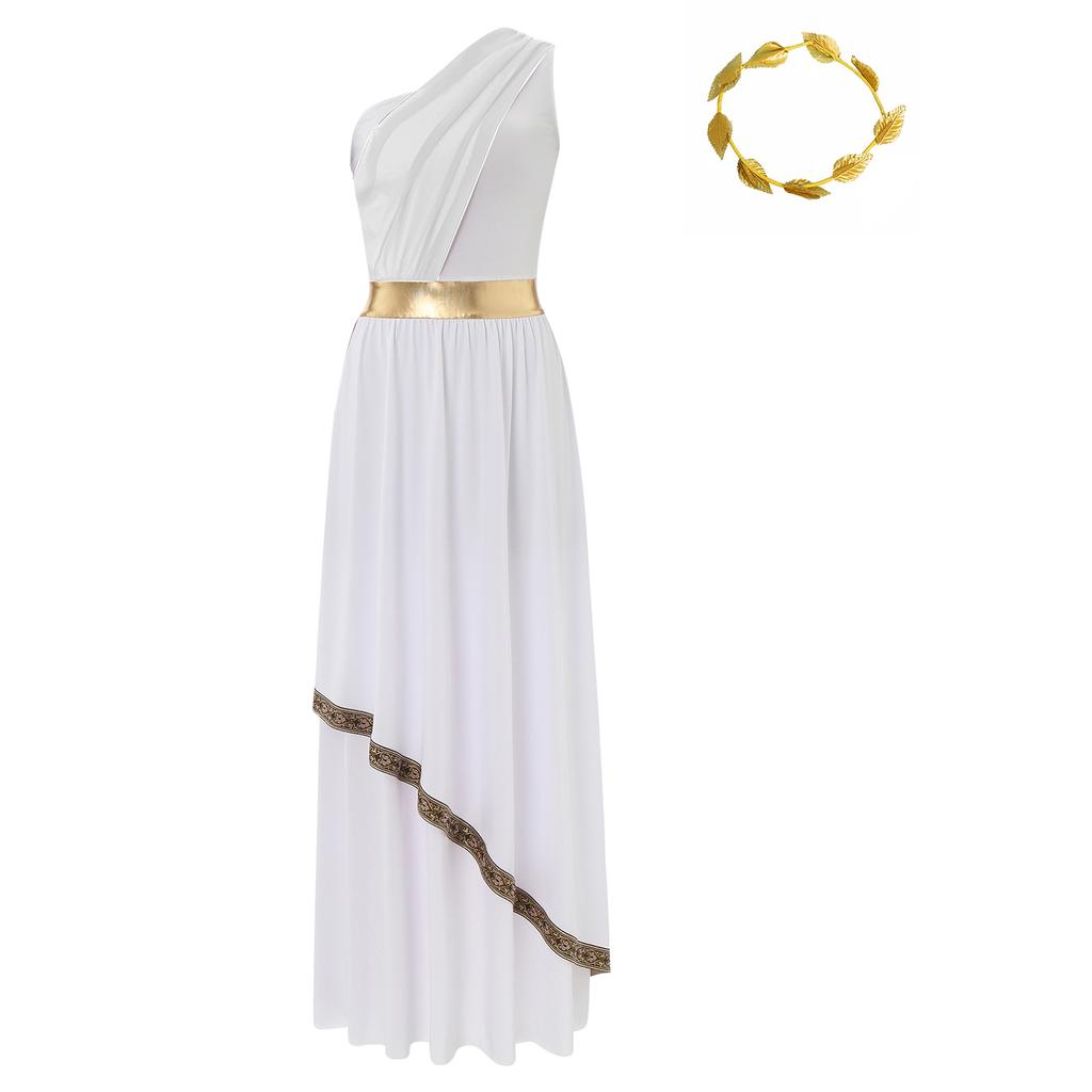 Womens Ancient Greek Dance Dress One Shoulder Chiffon Overlay Vintage Trim Tunic Dress Artificial Leaf Garland Headwear