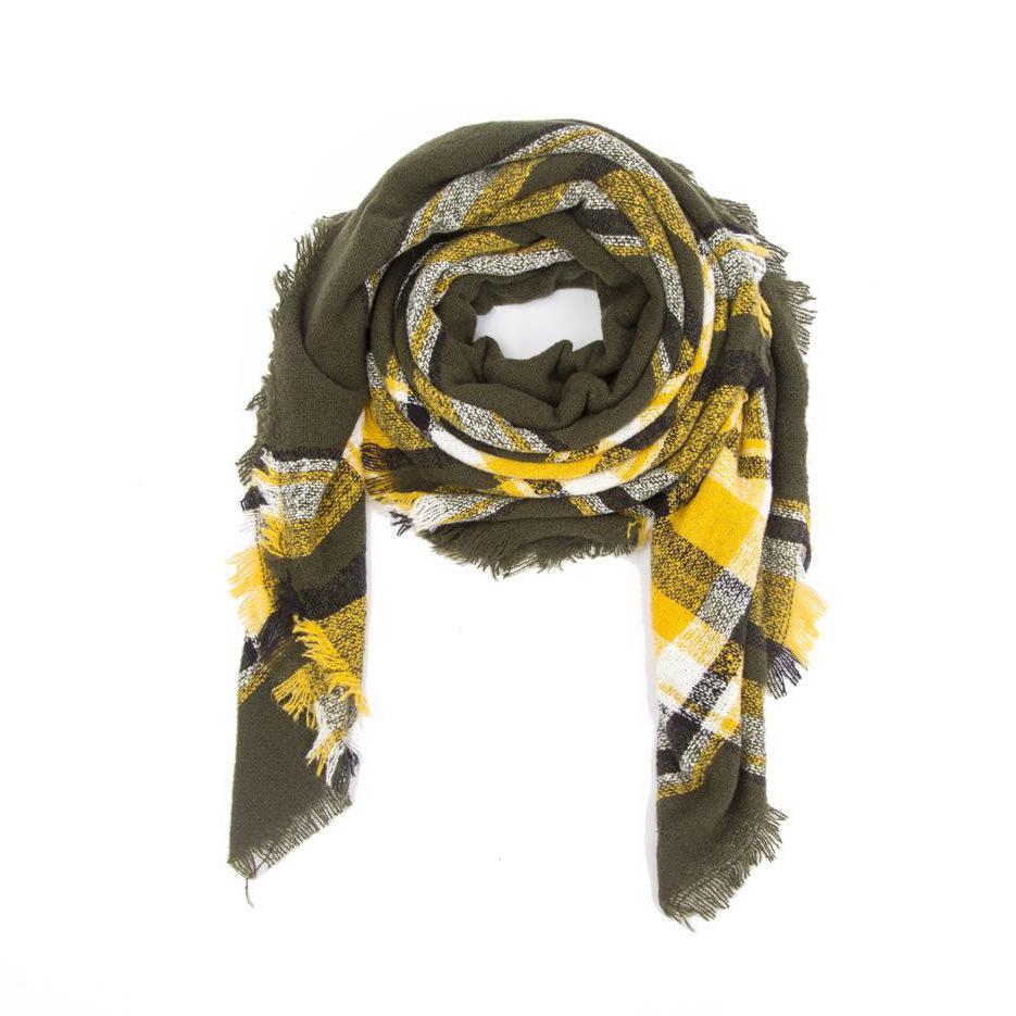 Осенне-зимняя шаль, женский теплый синий клетчатый квадратный шарф