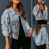 Women's Denim Jacket with Leopard Print Patchwork Jacket