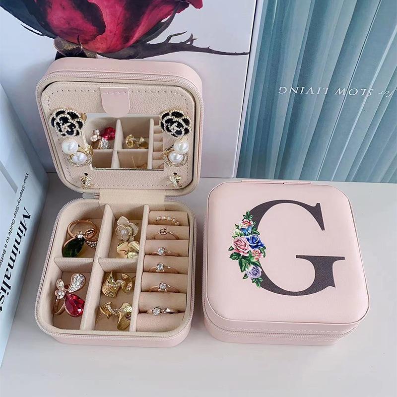 PU Jewelry Box Storage Mirror Box 26 Printed Letter Jewelry Box Portable Jewelry Storage Box Earring Ring Box