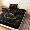 3pcs Black Bohemian Lunar Cycle Butterfly Print Fitted Sheet Set, Whimsical Sun Moon Botanical Bedding for Cottagecore Room