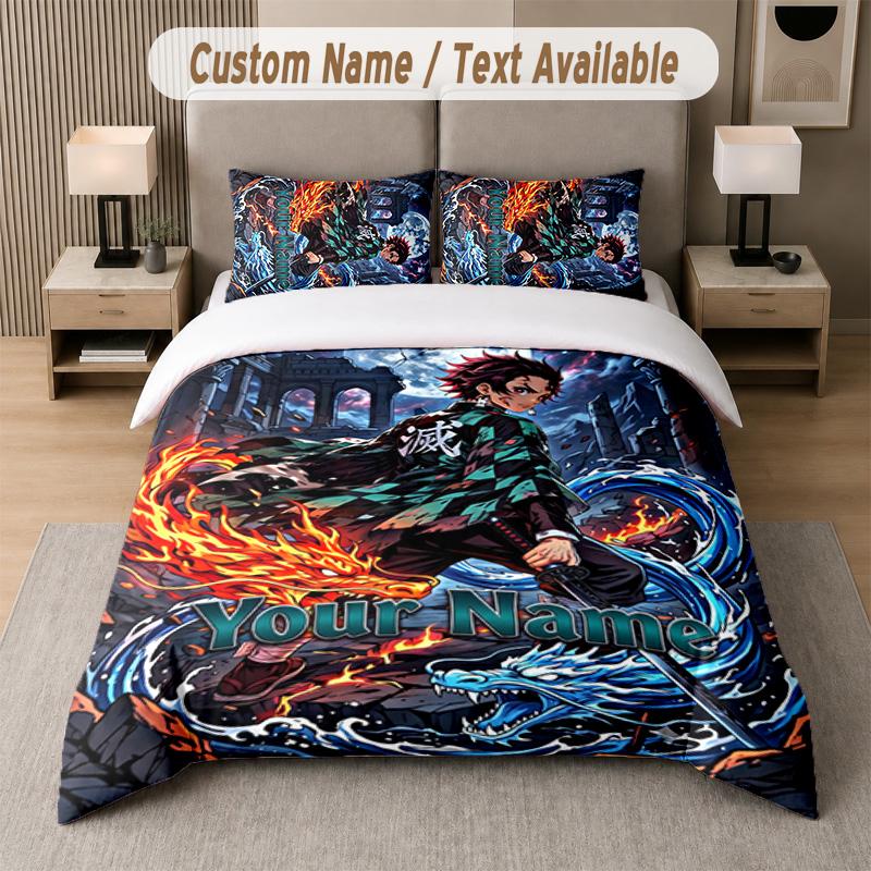 Demon Slayer 3Pcs Bedding Set, Personalized Custom Name Text, 1 Duvet Cover & 2 Pillowcases For Bedroom