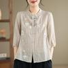 National Style Buttoned Cotton and Linen Seven Quarter Sleeved Shirt for Women Xia Heavy Industry Embroidered Unique Stand