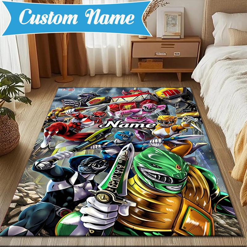 Custom Name Power Rangers City Adventure Rug for Living Room, Game Rooms, Office, Bedroom, Floor Mat Playful Design, fan gifts Christmas decor