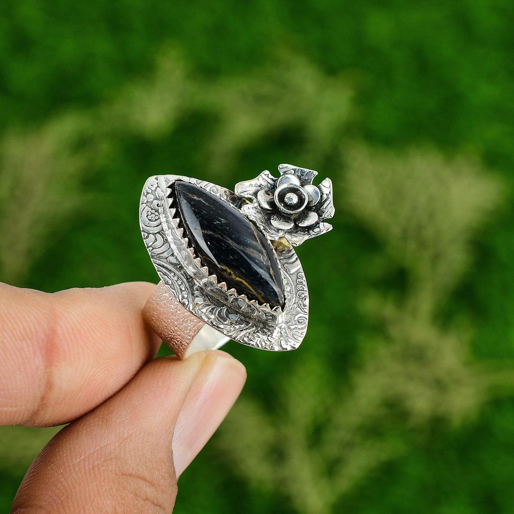 Gift For Her Natural Pietersite Multi Stone Flower Ring Size 8 925 Silver