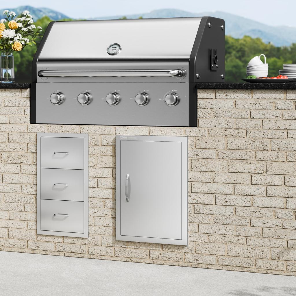 VEVOR BBQ Access Door, 432x610 mm Single Outdoor Kitchen Door, Stainless Steel Flush Mount Door, Wall Vertical Door with Handle, for BBQ Island