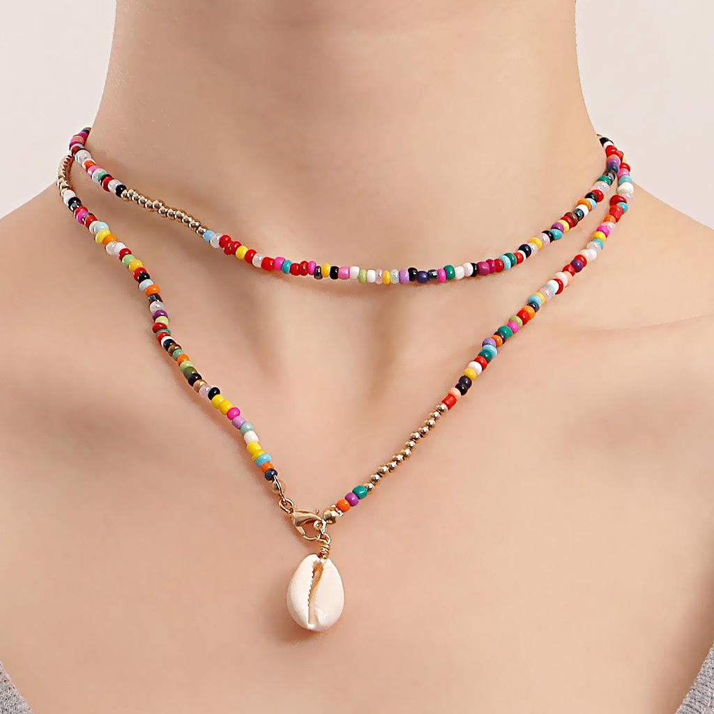 Bohemian Double-Layer Colored Rice Beads Shell Necklace - European & American Beach Style