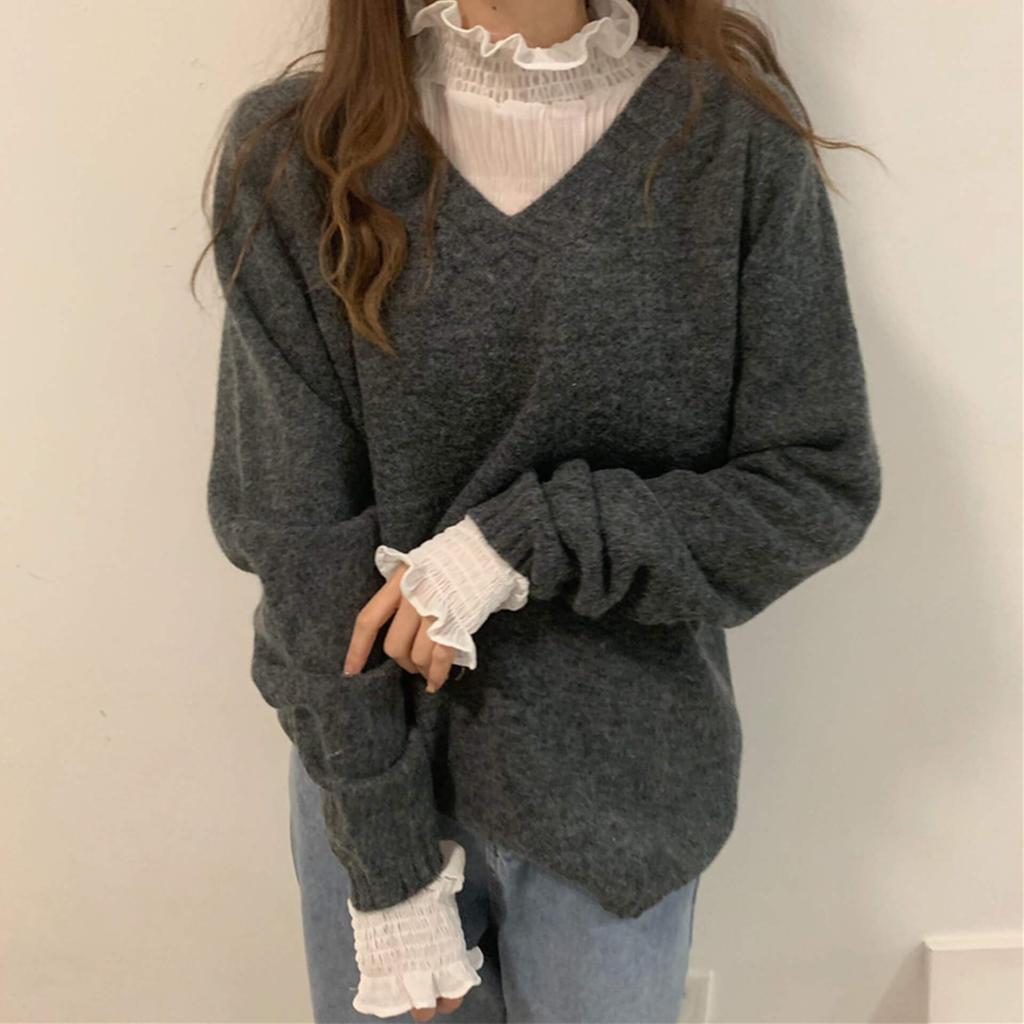 Маленький прозрачный топ с высоким воротом и длинным рукавом, тюлевая сексуальная блузка с кружевом, прозрачный плиссированный зимний свободный [fourfivesix Хару] Внутренний, Прозрачный для многослойности,