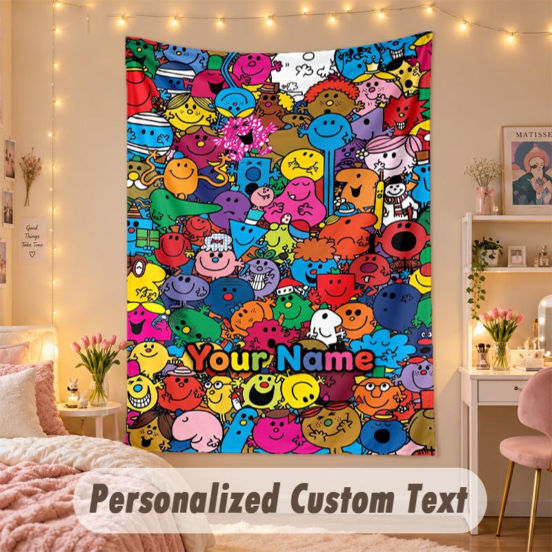 Custom Personalized Tapestry,Mr. Men & Little Miss Print Custom Name Text Wall Art Hanging for Bedroom