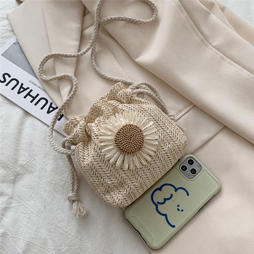 Модная соломенная сумка-мессенджер на шнурке, летняя сумка через плечо, цветочная соломенная сумка-ведро для фотосессии