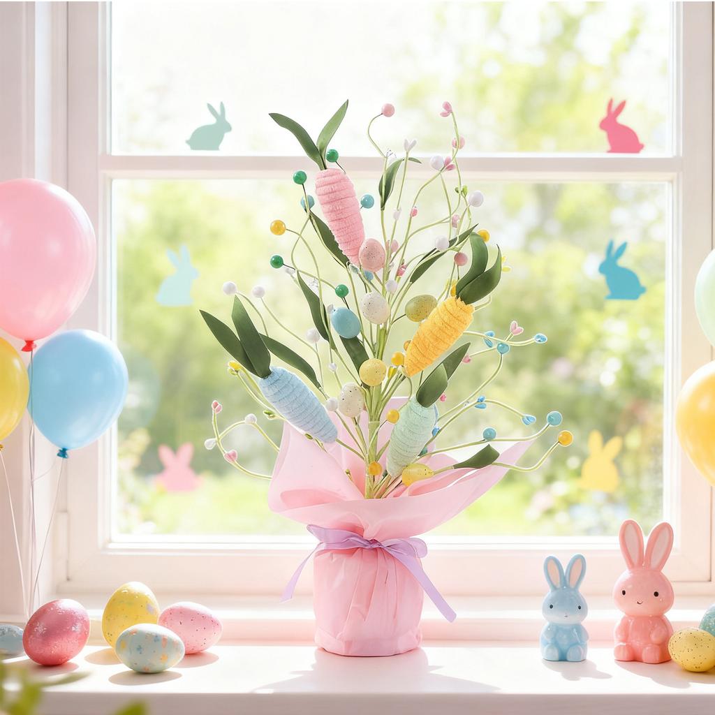 Пасхальные украшения, букеты из пасхальных яиц, скрученные морковные ветки, деревья, праздничные обеденные столы, кабинеты, настольные украшения, праздничные подарки