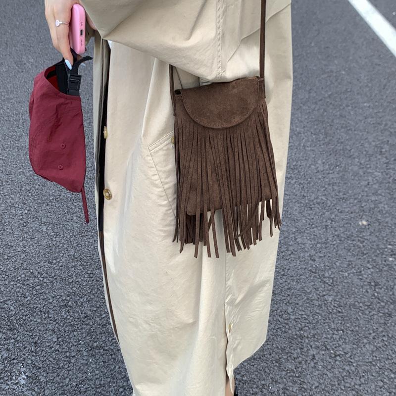 Bohemian ethnic style fringed retro deerskin velvet matte crossbody shoulder mobile phone bag mini small bag