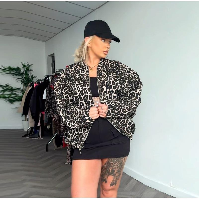 Fashion Leopard Zipper Long Sleeved Women's Jacket Retro Round Neck Street Casual Outwears Female Autumn Commute Coat