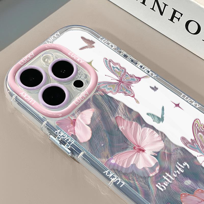 Contrast Color Butterfly for Apple 17 Cream Feather Pattern Cartoon Phone Case for IPhone13/16promax Women's Model