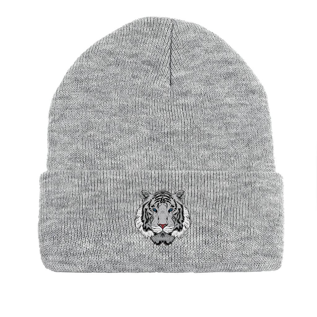 White Tiger Print Knit Cap Beanie, Animal Man Cap Autumn Fit Solid Gorro Knit Hat Beanie