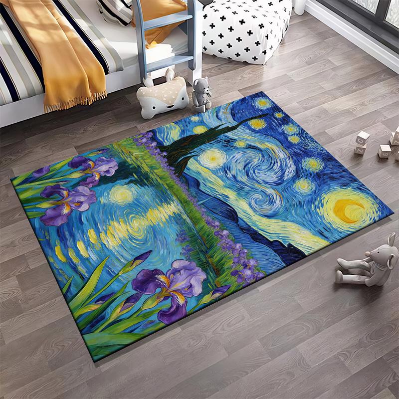 "Starry Night-Inspired Carpet with Purple Irises and Lake Scene" Suitable for use as an anti-slip for living room bedroom sofas