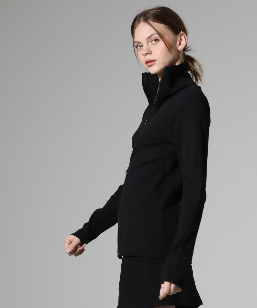 REEMNIK High-Neck Two-Way Zip-Up Ribbed Knit Top [White]