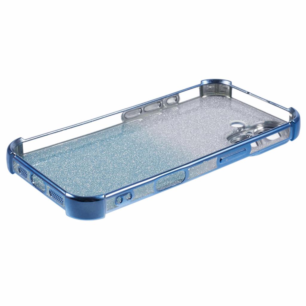 For iPhone 16 Case Electroplating Clear TPU Phone Cover with Lens Film and Glitter Card - Blue