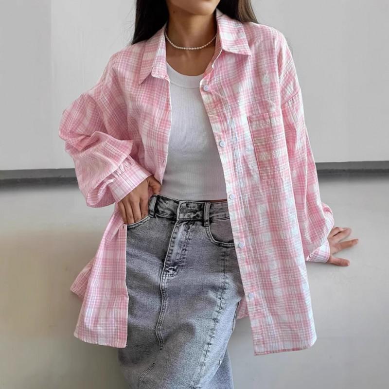 Womens Oversized Pink Plaid Shirt Loose Long Sleeve Button-Up Top Casual Streetwear