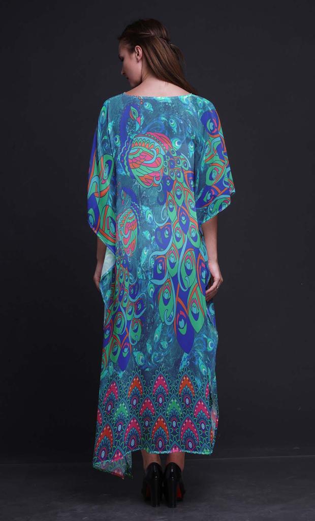 Phagun Peacock Bird Long Caftan Maxi Dress Beach Swimwear Cover Up Womens
