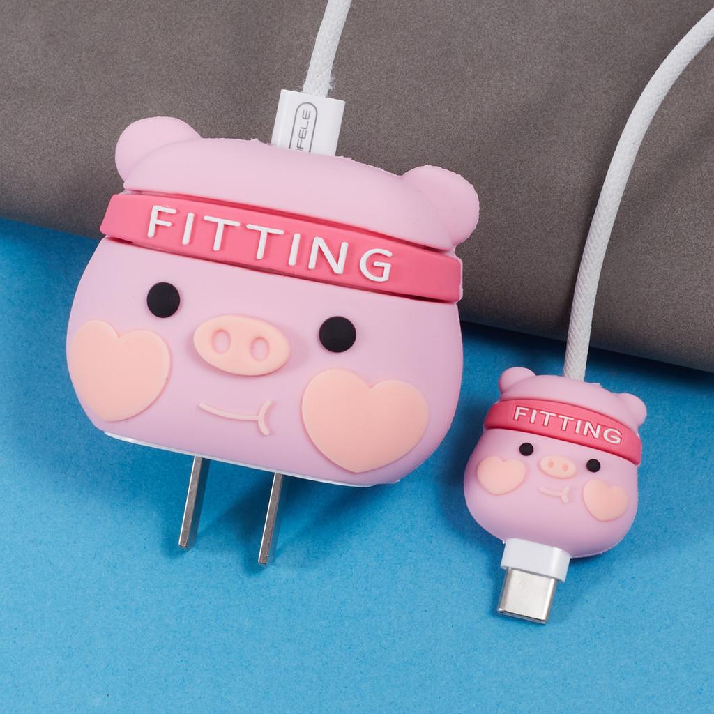 2Pcs/Set Pig Head Protective Sleeve for Apple iPhone 18/20W Charger Cover + Data Cable Saver Silicone Case