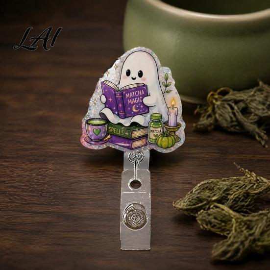 Halloween Office Decor Retractable Badge Reel Ghost Black Cat And Pumpkin Design Acrylic Id Reel 360 Degree Rotating ID Holder for Nurses Staff Card