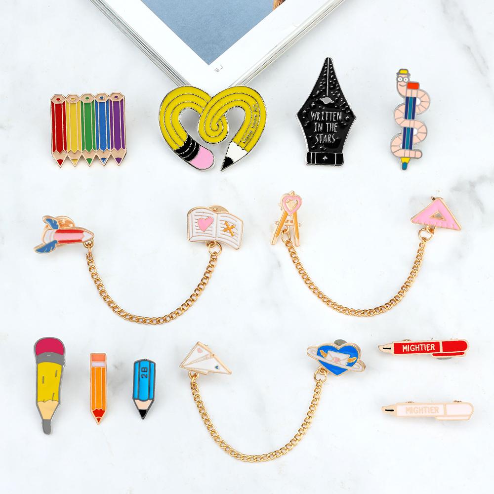 Cartoon Stationery Enamel Pin for Student Creative Rainbow Pen Pencil Ruler Chain Brooches Children Backpack Lapel Badge Jewelry