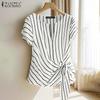 Women Casual V-Neck Short Sleeve Lace Up Stripe Blouse