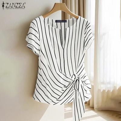 Женская повседневная блузка с V-образным вырезом и коротким рукавом, на шнуровке, в полоску