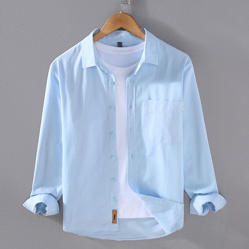 Повседневные мужские рубашки в японском стиле, весна-осень, мужские топы, повседневная однотонная рубашка с отложным воротником, рубашка из чистого хлопка на пуговицах