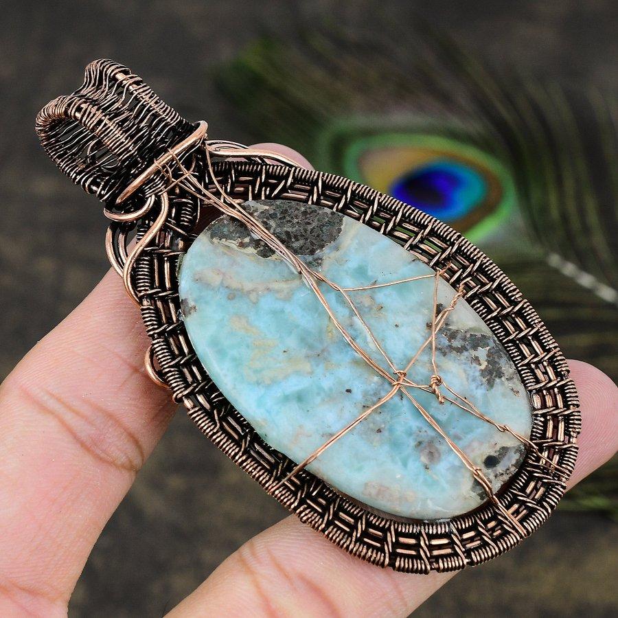 Натуральный карибский ларимар, драгоценный камень, оплетка из медной проволоки, подарочный кулон 3.43 a9Z97