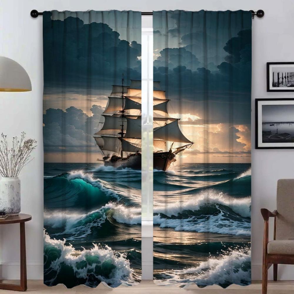 Плотные шторы для гостиной, занавеска с изображением корабля, тюль для спальни, перегородка, домашний интерьер, шторы из 2 предметов, оттенки