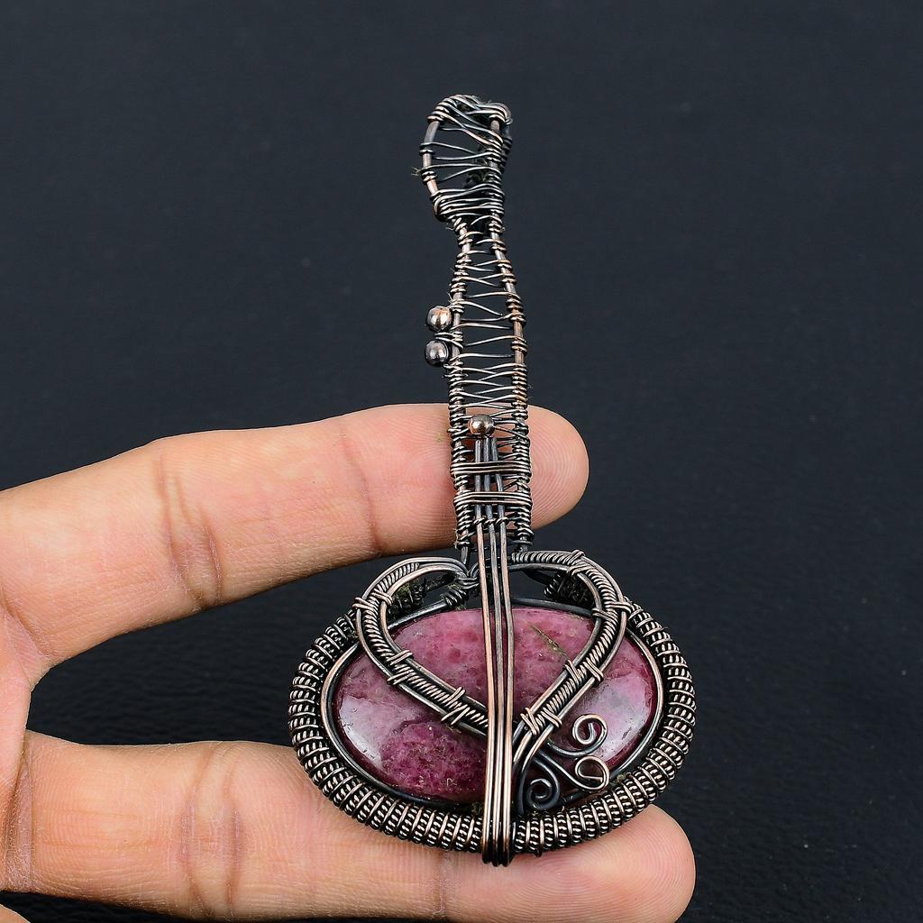 Rhodonite Handmade Copper Wire Wrap Guitar Pendant 3.1 K5g61