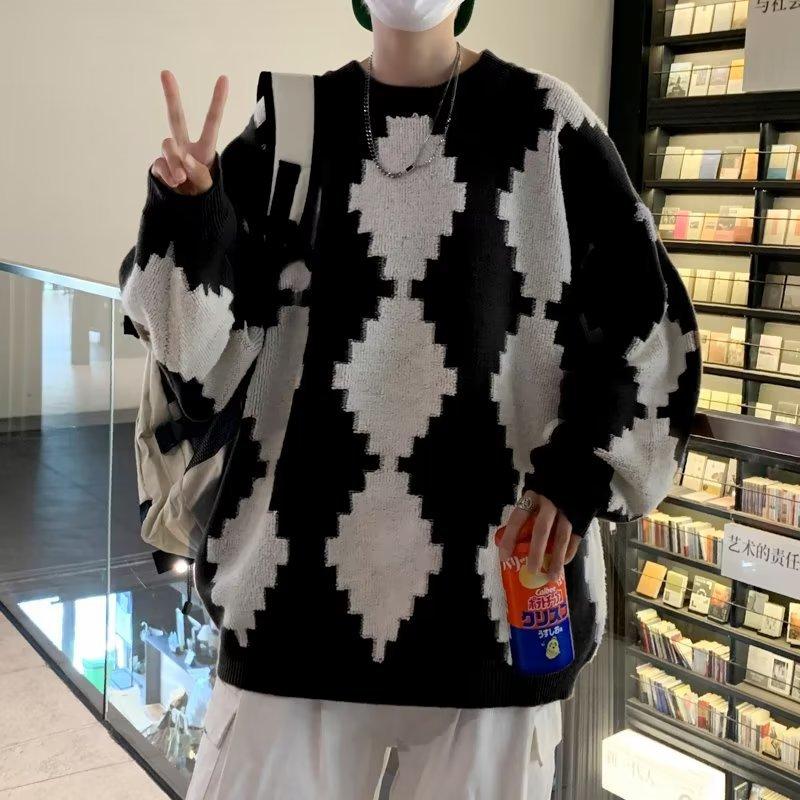 Джемпер с круглым вырезом в цветных блоках для мальчиков на осень и зиму, свободный и универсальный свитер с ромбами, модный универсальный вязаный свитер для пары