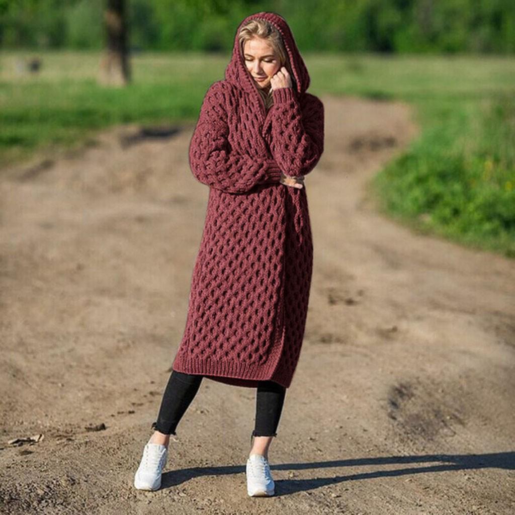 Зимний теплый новый модный женский длинный вязаный свитер с капюшоном, кардиган, пальто