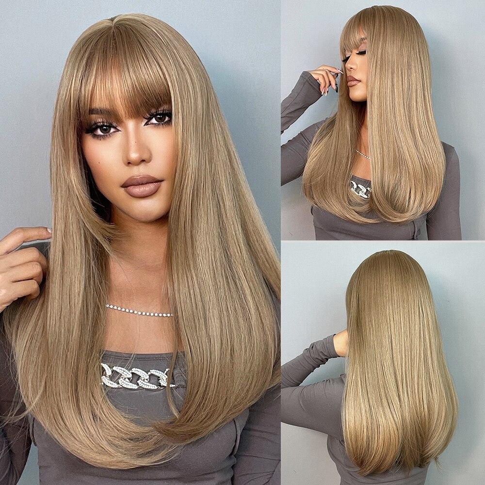 EASIHAIR Brown Synthetic Wigs with Bangs Long Straight Natural Hair Wigs for Women Daily Cosplay Wig Heat Resistant Fiber