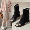 Французские ботильоны на толстом каблуке женские 2025 осень и зима новые квадратный носок маленький аромат универсальная цветовая гамма задняя молния тонкие ботинки Мартин