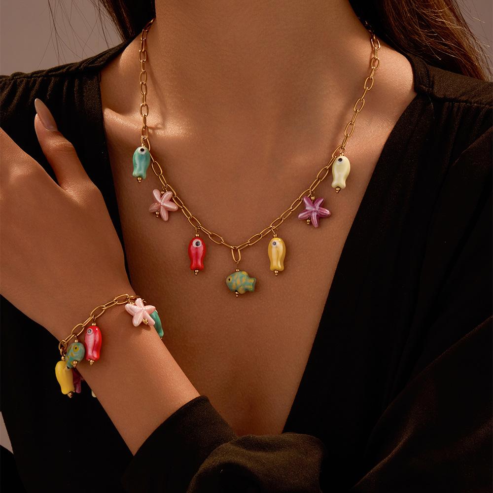 Stainless Steel Ceramic Starfish Fish Drop Y2K Necklace Bracelet Bangle for Women Tarnish Resistant Cute Handmade Jewelry New