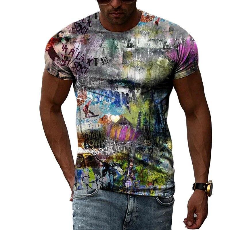 Summer Funny Graffiti Trend Fashion Pattern Men Tshirts Casual Print Hip Hop Tees Personality Round Neck Short Sleeve Tops