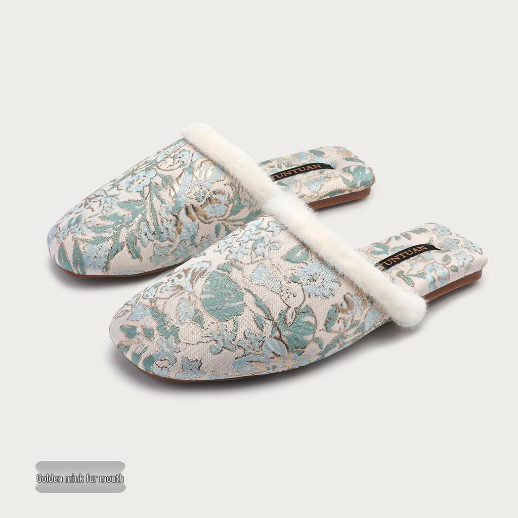 Женские флисовые тапочки с цветочным жаккардовым узором в китайском стиле, нескользящие, теплые, хлопковые, для осени и зимы