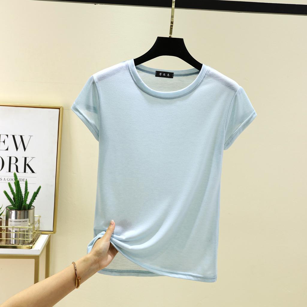O-Neck Short Sleeve Tshirts Slim Fit Solid Color Summer Thin T-shirt Woman Bottomed Tee Tops All Match