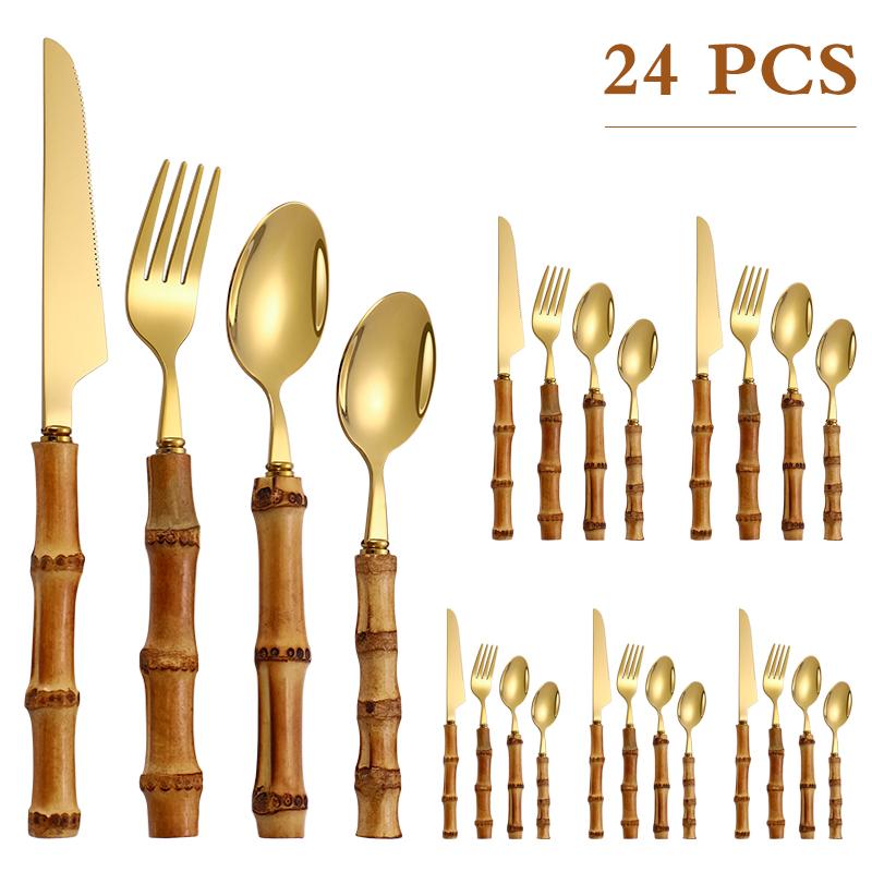 24Pcs Dinnerware Sets Original Nature Bamboo Handle Cutlery Stainless Steel Knife Fork Spoon Purely Natural Bamboo Tableware Set
