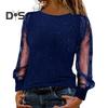 Women T-shirt Round Neck See-through Glitter Long Sleeve Tops Solid Color Loose Fit Casual Tops Daily Wear